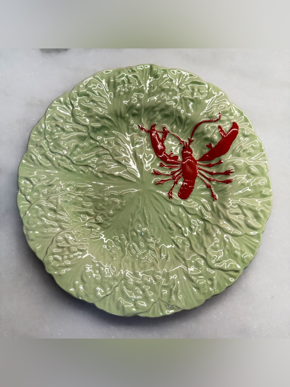 Ceramic Green Cabbage Leaf Serving Plate with Red Lobster Accent